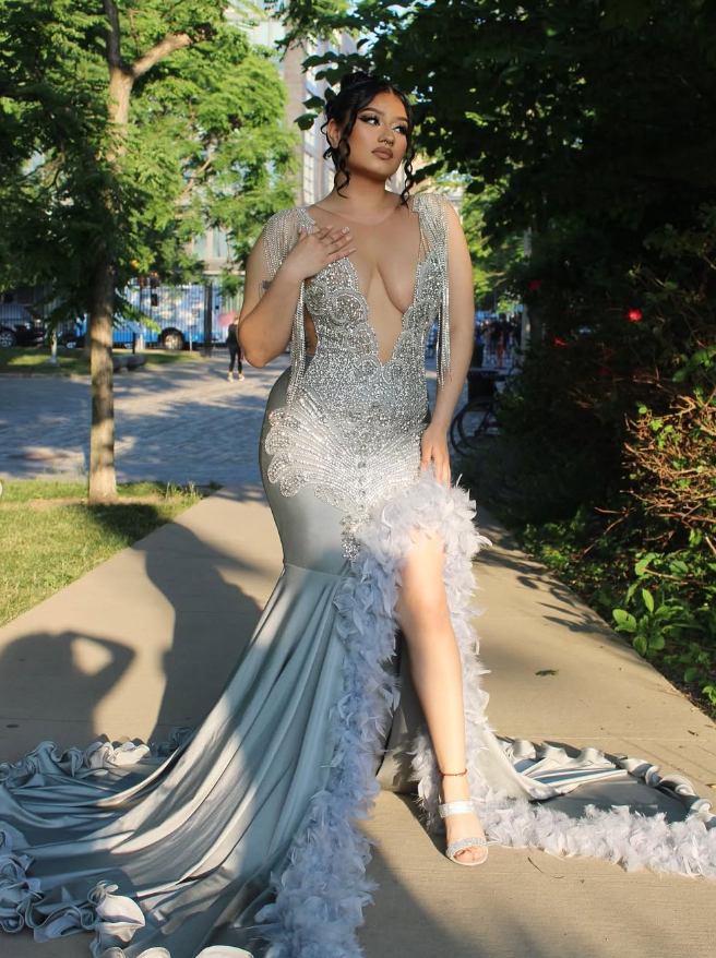Gorgeous Mermaid Deep V Neck Beaded Feather Long Sweep Prom Dress Evening Dress SH2193