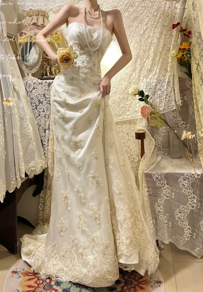 Elegant Strapless Tulle Lace Appliques Beaded Mermaid Evening Dress Long Party Gown D2109