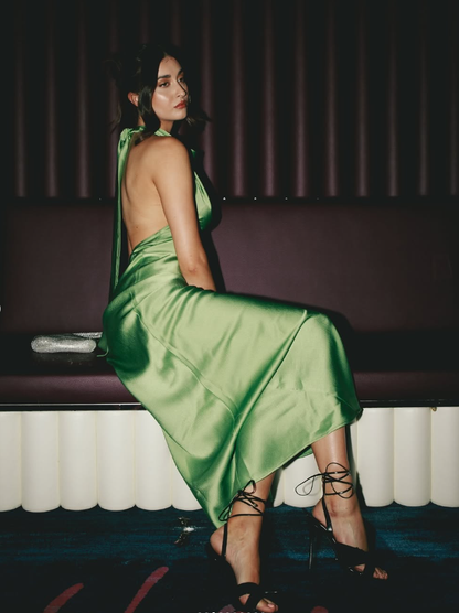 Charming A Line Halter Green Satin Long Open Back Prom Dress Evening Dress SH2109