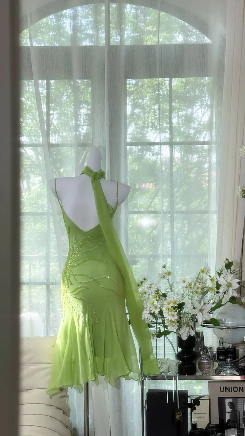 Romantic Green Exquisite Beaded Short Chiffon Homecoming Dress  Evening Dress Birthday Party Dress SH3432