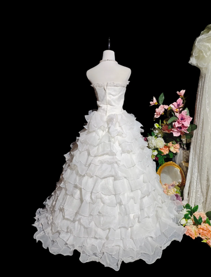 Glamorous Strapless Beaded White Chiffon Ruffles Layered Long Wedding Dress Formal Bridal Gowns D2367