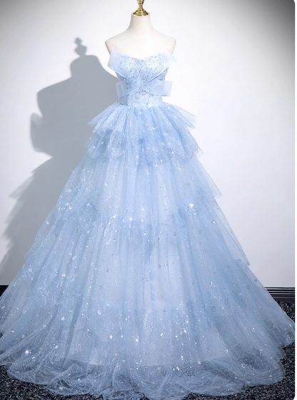 Cute Off-shoulder Ball Gown Tulle Sequined Long Prom Dress Sweet Ice Blue Quinceanera Dress DP2964