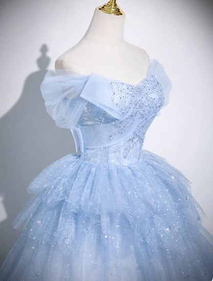 Cute Off-shoulder Ball Gown Tulle Sequined Long Prom Dress Sweet Ice Blue Quinceanera Dress DP2964