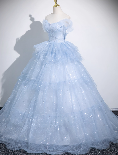 Cute Off-shoulder Ball Gown Tulle Sequined Long Prom Dress Sweet Ice Blue Quinceanera Dress DP2964