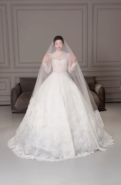 Modest Turtleneck Ball Gown Lace Applique Wedding Dress Elegant Long Sleeve Bridal Dress DP2968