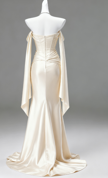 Elegant Sheath Light Champagne Long Prom Dresses; Satin Light Champagne  Evening Dresses DP04009