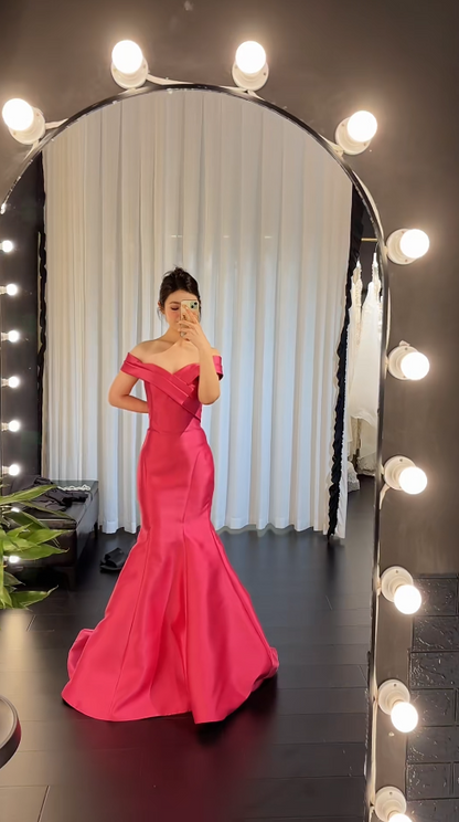 Glam Mermaid Hot Pink Long Prom Dresses Off-shoulder Satin Hot Pink Evening Dresses DP04019