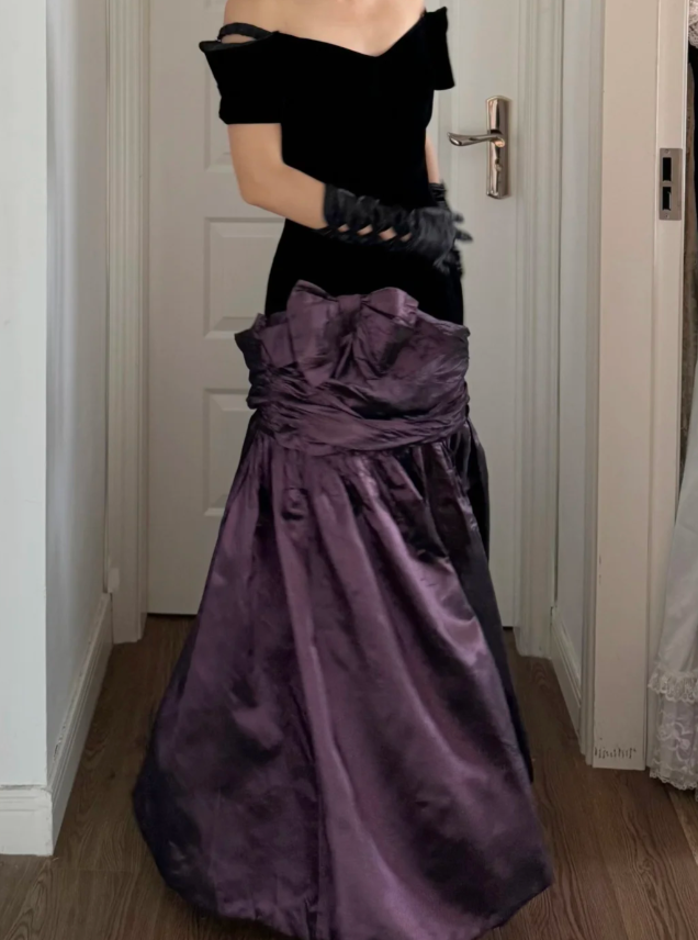 Elegant Off-shoulder Sheath Long Prom Dresses Satin Purple Evening Dresses Cup Sleeves Birthday Dresses DP04081