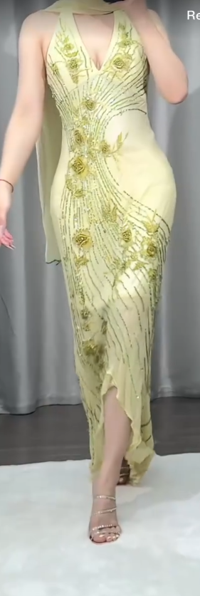 Elegant V-Neck Sheath Long Evening Dresses Beaded Chiffon Yellow Prom Dresses Sleeveless Party Dresses DP04112