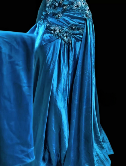 Elegant V-neck Sheath Long Prom Dresses Satin Blue Evening Dresses  DP04150
