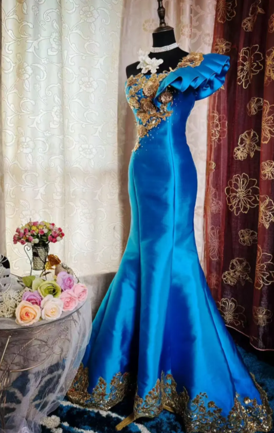 Chic One-shoulder Mermaid Long Prom Dresses Satin Appliques Blue Evening Gowns  Sleeveless Formal Dresses DP04174