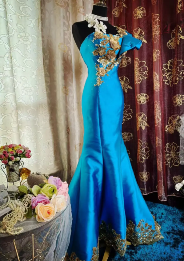 Chic One-shoulder Mermaid Long Prom Dresses Satin Appliques Blue Evening Gowns  Sleeveless Formal Dresses DP04174