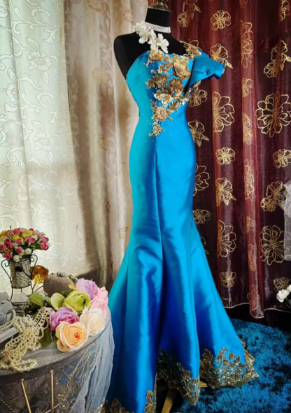 Chic One-shoulder Mermaid Long Prom Dresses Satin Appliques Blue Evening Gowns  Sleeveless Formal Dresses DP04174