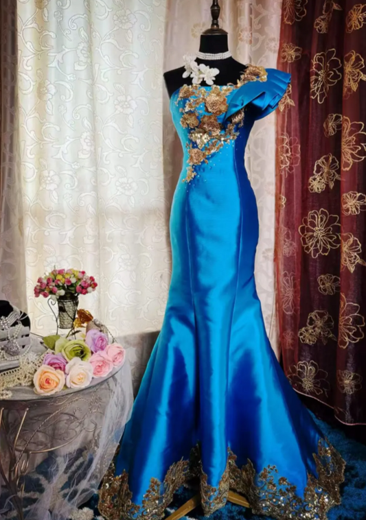 Chic One-shoulder Mermaid Long Prom Dresses Satin Appliques Blue Evening Gowns  Sleeveless Formal Dresses DP04174