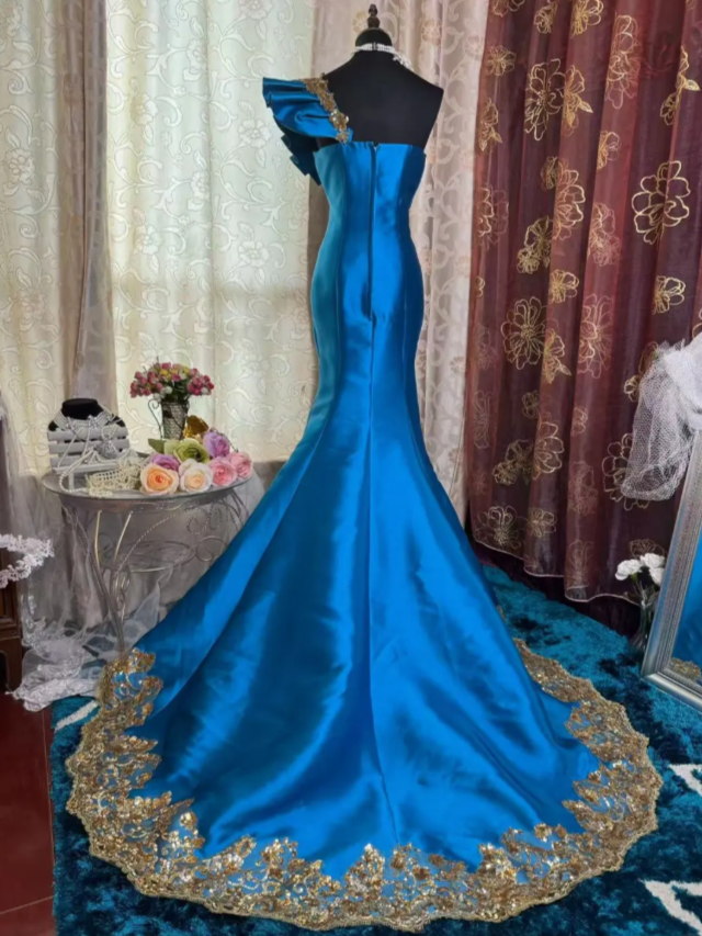 Chic One-shoulder Mermaid Long Prom Dresses Satin Appliques Blue Evening Gowns  Sleeveless Formal Dresses DP04174