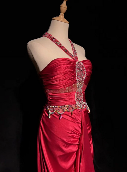 Chic V-neck Sheath Long Prom Dresses Satin Burgundy Evening Gowns Sleeveless Formal Dresses DP04177