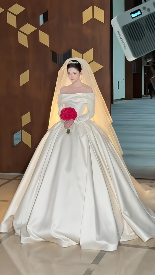 Luxury Off-shoulder A-Line Long Wedding Dresses Satin Light Champagne Bridal Gowns Long Sleeves Bridal Dresses DP04188