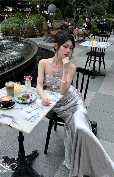 Chic One-shoulder Mermaid Silver Prom Dresses Satin Sleeveless Long Evening Dresses   DP04198