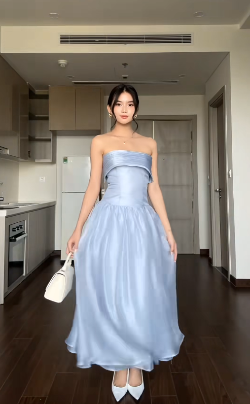 Simple Strapless Sheath Blue Wedding Guest Dresses Tulle Sleeveless Evening Dresses DP04206