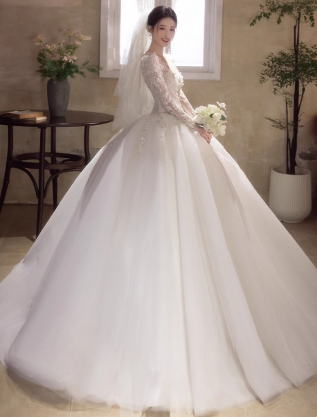 Timeless V-neck A-Line Long Wedding Dresses Tulle Appliques White Bridal Gowns Long Sleeves Bridal Dresses DP04215