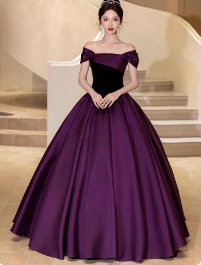 Cute One-shoulder A-Line  Long Prom Dresses Satin Purple Evening Dresses Purple Birthday Dresses DP04224