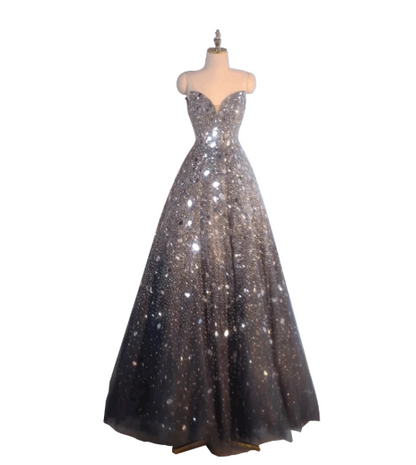 Sparkly Sweetheart A-Line  Long Prom Dresses Mirrows Gray Evening Dresses Sleeveless Christmas Dresses DP04226