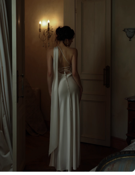 Simple One-shoulder Sheath Long Prom Dresses Sleeveless Evening Dresses with Slit Satin White Wedding Guest Dresses DP04251