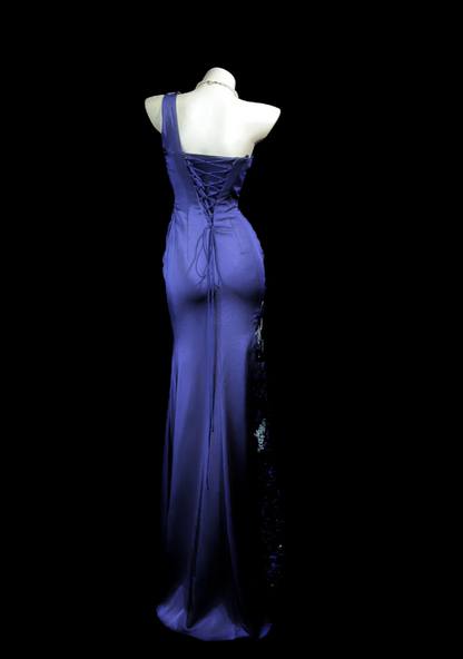Elegant One-shoulder Sheath Long Prom Dresses Satin Navy Blue Evening Dresses Sleeveless Mother of Bride Dresses DP04259