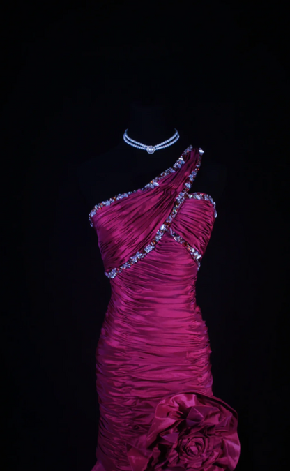 Elegant One-shoulder Sheath Long Prom Dresses Beaded Satin Fuchsia Evening Dresses Sleeveless Birthday Dresses  DP04271