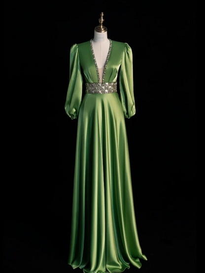 Chic V-neck Sheath Long Prom Dresses Satin Green Evening Dresses Long Sleeves Mother of Bride Dresses DP04286