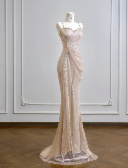 Elegant Spaghetti Straps Sheath Long Prom Dresses Tulle Champagne Birthday Dresses Sleeveless Evening Dresses DP04296