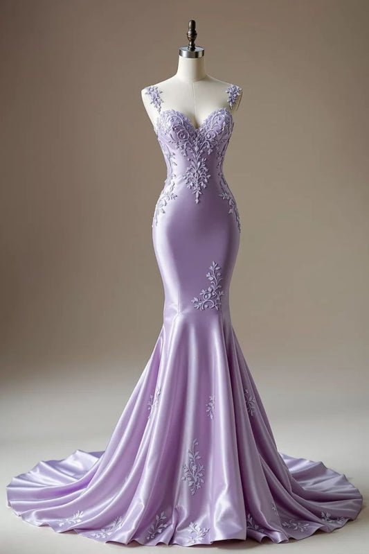 Sexy Straps Mermaid Long Prom Dresses Appliques Satin Purple Evening Dresses DP04298