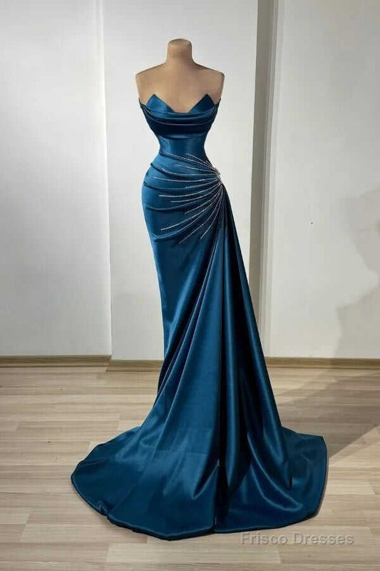 Sexy Strapless Sheath Long Prom Dresses Beaded Satin Dark Teal Evening Dresses  DP04299