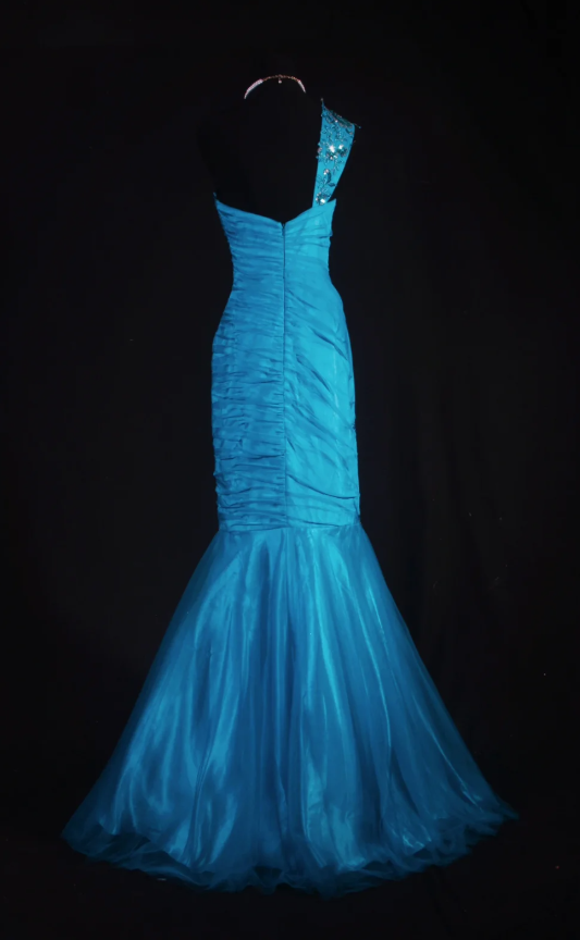 Turquoise Mermaid Long Prom Dresses Glam Tulle Appliques Sleeveless Evening Dresses  One-shoulder Party Dresses DP04329