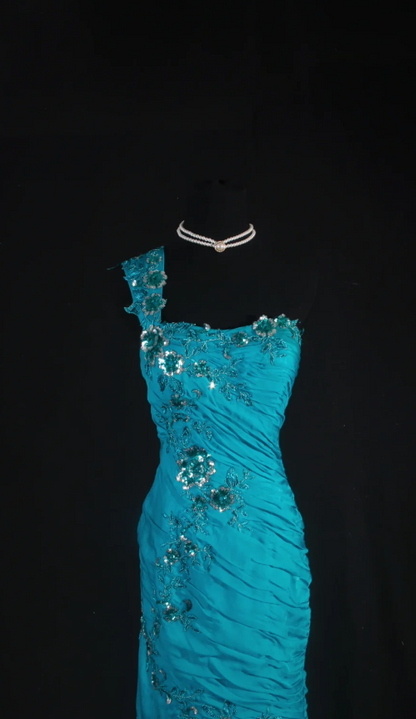 Turquoise Mermaid Long Prom Dresses Glam Tulle Appliques Sleeveless Evening Dresses  One-shoulder Party Dresses DP04329