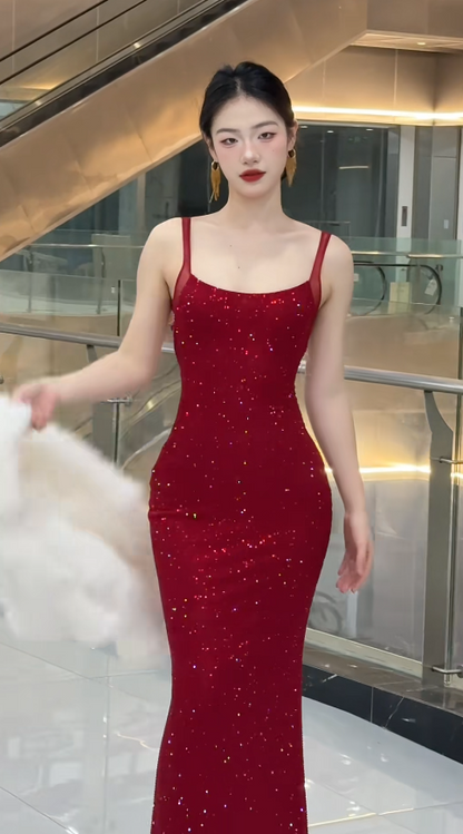 Sexy Burgundy Sheath Long Prom Dresses Glitter Tulle Spaghetti Straps Evening Dresses Sleeveless Party Dresses DP04346