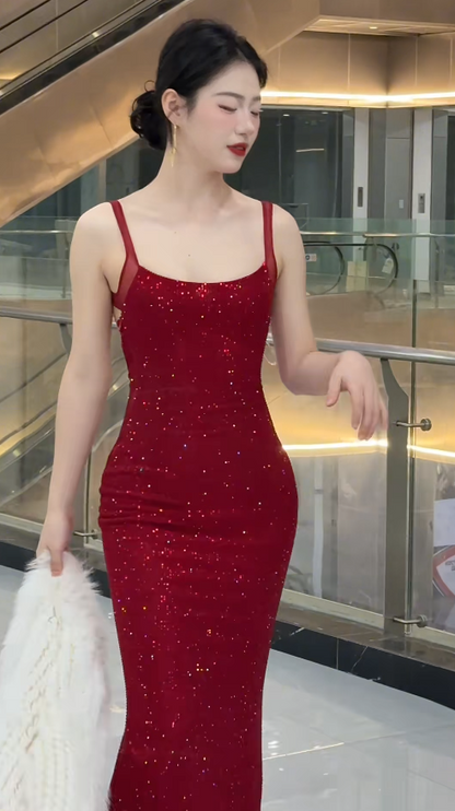 Sexy Burgundy Sheath Long Prom Dresses Glitter Tulle Spaghetti Straps Evening Dresses Sleeveless Party Dresses DP04346