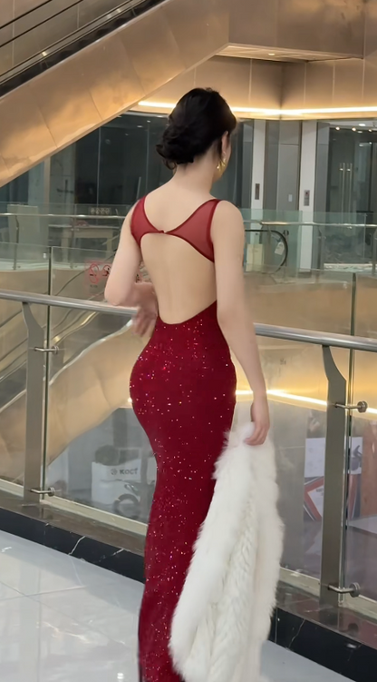 Sexy Burgundy Sheath Long Prom Dresses Glitter Tulle Spaghetti Straps Evening Dresses Sleeveless Party Dresses DP04346