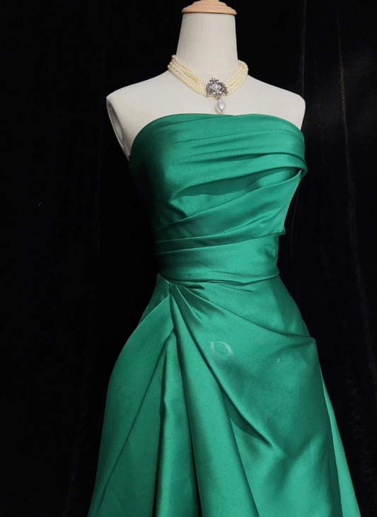 Green Fairy A-Line Long Prom Dresses Satin Strapless Bridesmaid Dresses  DP04382