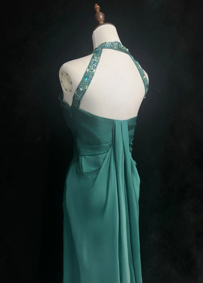 Jade Elegant Sheath Long Prom Dresses Satin Halter Evening Dresses Sleeveless Christmas Dresses DP04384