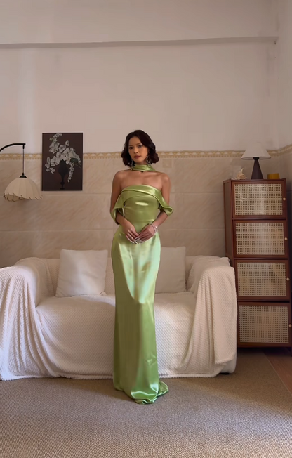 Green Sexy Sheath Long Prom Dresses Satin Off-shoulder Evening Dresses Sleeveless Christmas Dresses DP04386