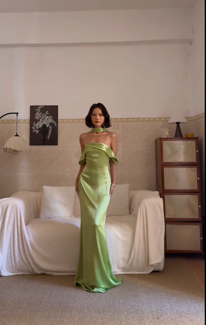 Green Sexy Sheath Long Prom Dresses Satin Off-shoulder Evening Dresses Sleeveless Christmas Dresses DP04386