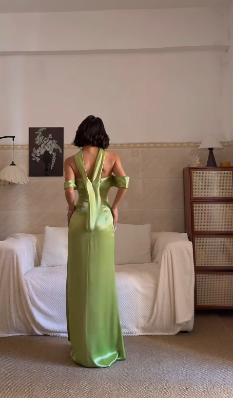 Green Sexy Sheath Long Prom Dresses Satin Off-shoulder Evening Dresses Sleeveless Christmas Dresses DP04386