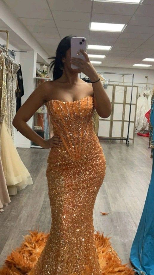 Orange Sexy Mermaid Long Prom Dresses Sequins Strapless Evening Dresses Sleeveless Christmas Dresses DP04387