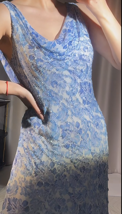 Sexy Sheath Long Prom Dresses Floral Chiffon Evening Dresses Sleeveless Birthday Dresses DP04393