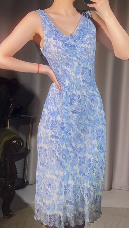 Sexy Sheath Long Prom Dresses Floral Chiffon Evening Dresses Sleeveless Birthday Dresses DP04393
