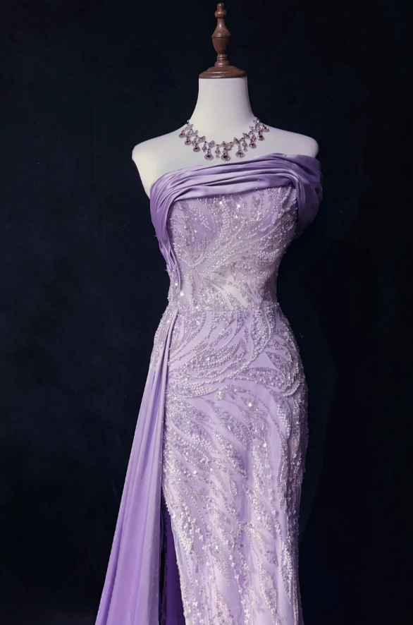 Glam Purple Sheath Long Evening Dresses Satin Beaded Sleeveless Mother of Bride Dresses DP04403