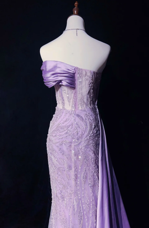 Glam Purple Sheath Long Evening Dresses Satin Beaded Sleeveless Mother of Bride Dresses DP04403