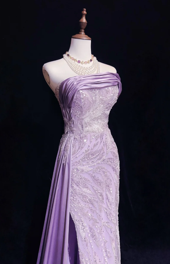 Glam Purple Sheath Long Evening Dresses Satin Beaded Sleeveless Mother of Bride Dresses DP04403