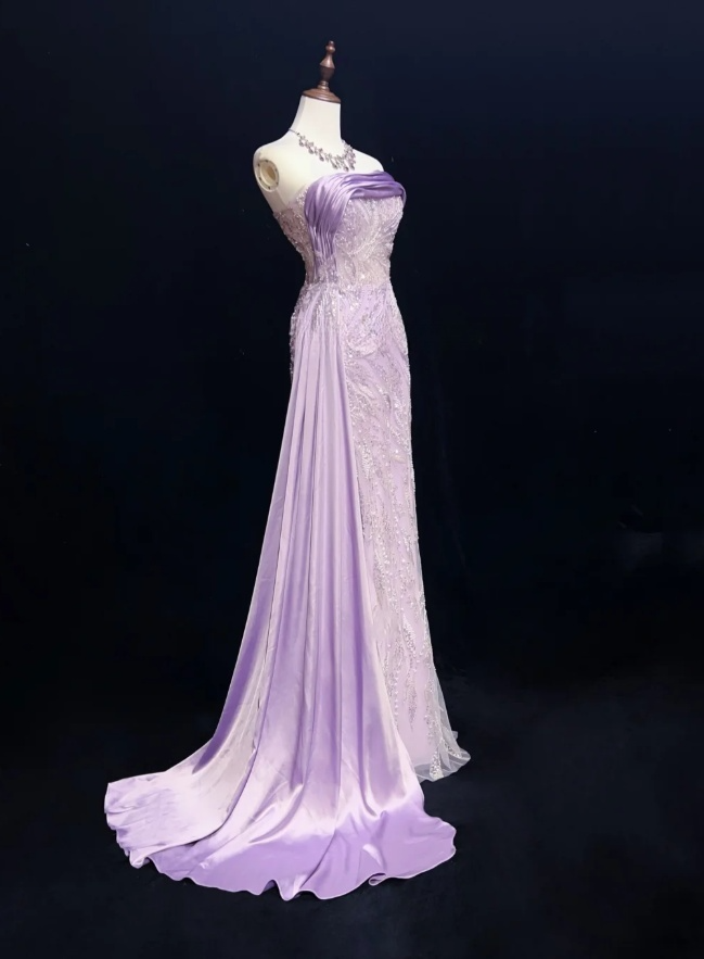 Glam Purple Sheath Long Evening Dresses Satin Beaded Sleeveless Mother of Bride Dresses DP04403